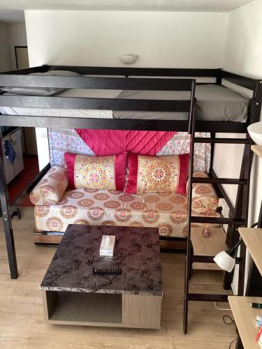 Cette chambre dispose de lits superposés, d'un canapé et d'une table. dans l'établissement Beau studio, à Nîmes