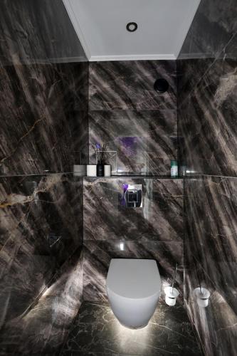 a bathroom with a white toilet in a room at Appart Hotel avec Sauna, Jacuzzi, in Strasbourg