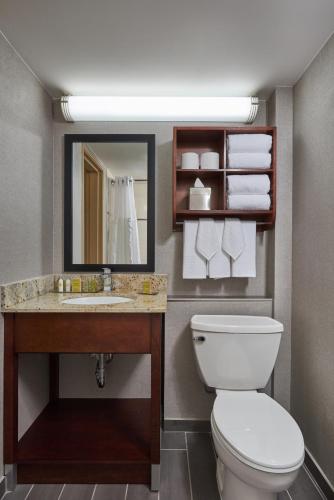 a bathroom with a toilet and a sink and a mirror at Doubletree By Hilton Raleigh Crabtree Valley in Raleigh