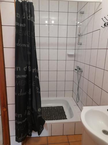a bathroom with a shower with a black shower curtain at Lipowy Dwór in Laskówka