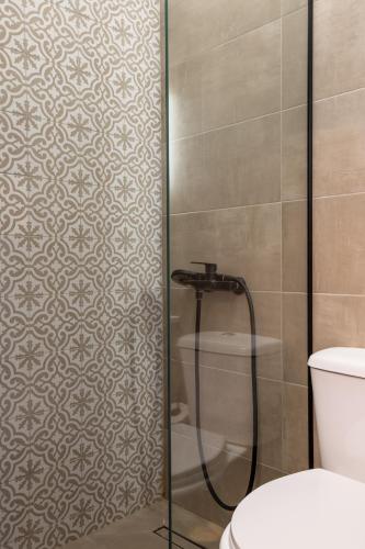 a bathroom with a shower and a toilet at Filoxenia Apartments in Mytilini