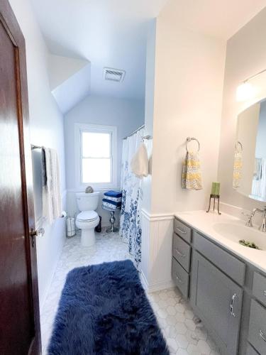a bathroom with a toilet and a sink with a blue rug at Downtown Boho Home wOffice Yoga StudioKing Bed in La Crosse