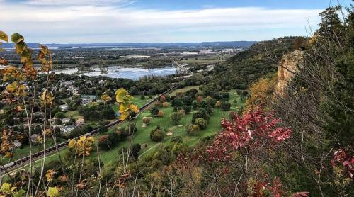 a view of a park with trees and a river at Downtown Boho Home wOffice Yoga StudioKing Bed in La Crosse