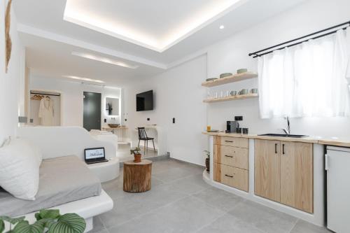 a living room with a couch and a kitchen at Adama's Suites in Naxos Chora