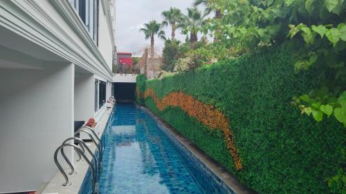 a swimming pool in front of a green wall at Side Zeugma Hotel - Adult Only 16 Plus in Side