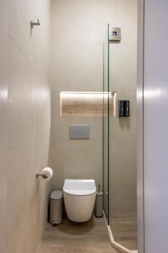 a bathroom with a toilet and a glass shower door at Filoxenia Apartments in Mytilini