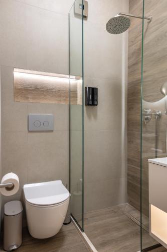 a bathroom with a toilet and a glass shower at Filoxenia Apartments in Mytilini