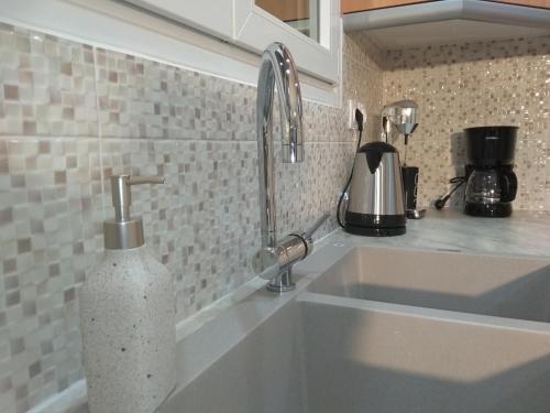 um lavatório de cozinha com um dispensador de sabão no balcão em Myrina View 3 em Mesochórion
