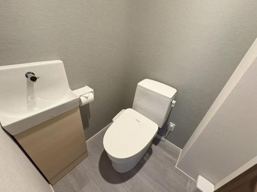 a bathroom with a white toilet and a sink at Crest Blue 404-オーシャンフロント! 新築マンション! in Kin