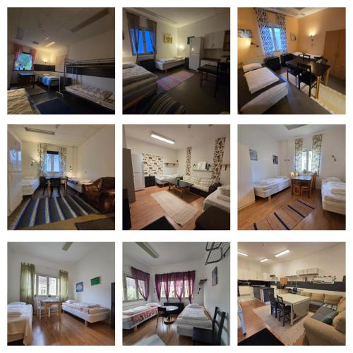 a collage of pictures of a living room and dining room at Svenshögens vandrarhem in Svenshögen