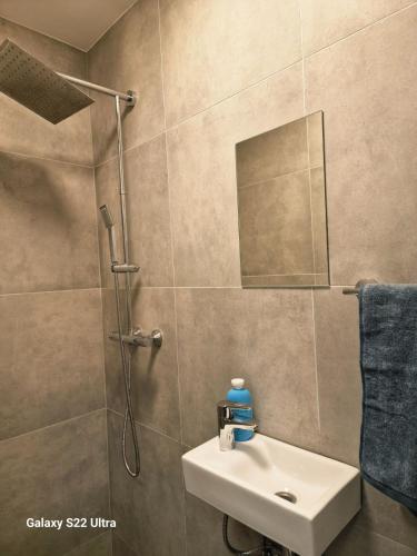 a bathroom with a shower and a sink and a mirror at RentA Citywalk Flat in Kaunas