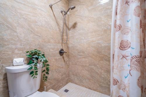 a bathroom with a shower and a toilet with a plant on it at Dorado Del Mar Villa by PH in Dorado