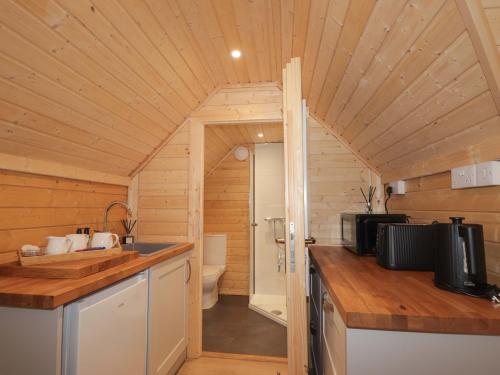 a log cabin kitchen with a sink and a toilet at Little Luxe Lodges 2 in Coillemore