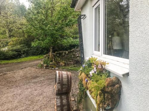 a window of a house with a bench and flowers at An T'abhall in Glencripesdale