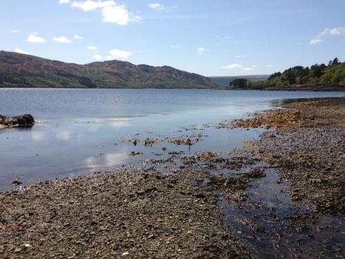 a large body of water with mountains in the background at An T'abhall in Glencripesdale