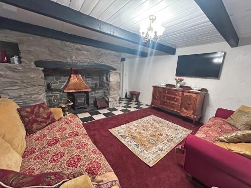 a living room with a couch and a fireplace at Lyndene Cottage in Moel-tryfan