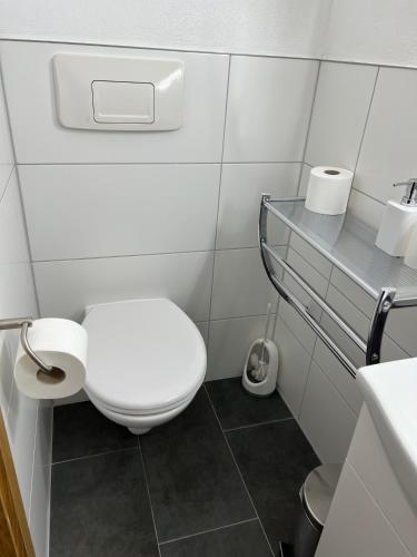 a bathroom with a white toilet and a sink at Gasthof Löwen in Pfronten