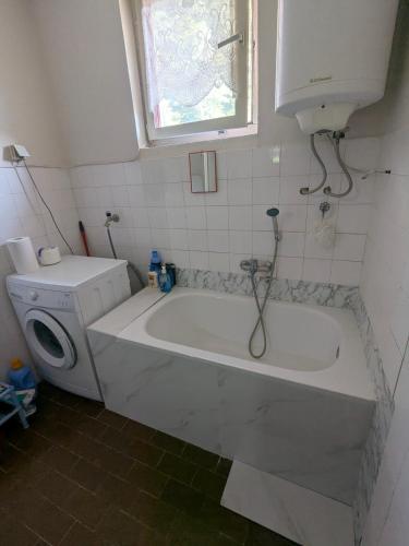 a white bath tub in a bathroom with a toilet at Gordana in Senjski Rudnik