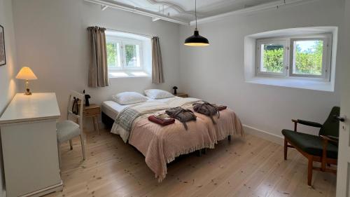 a bedroom with a bed and two windows at Hesede Hovedgård in Haslev