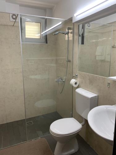 a bathroom with a toilet and a shower and a sink at Reževići Apartments in Petrovac na Moru