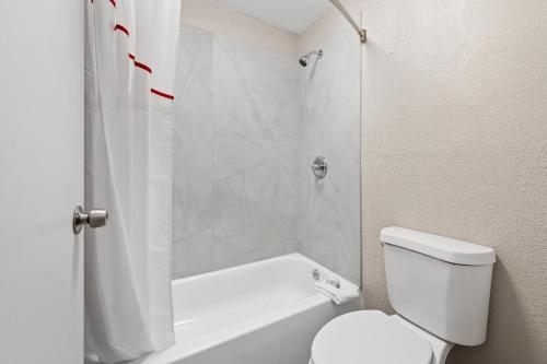 a white bathroom with a shower and a toilet at Red Roof Inn Charlotte - Airport in Charlotte