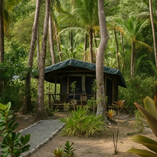 a small cabin in the woods with palm trees at La Leona Eco Lodge in Carate