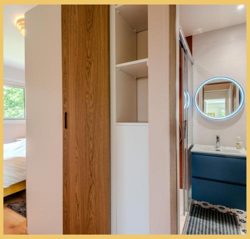 a bathroom with a sink and a mirror at Chez Aiko I Appartement T3 I Ferney-Voltaire in Ferney-Voltaire