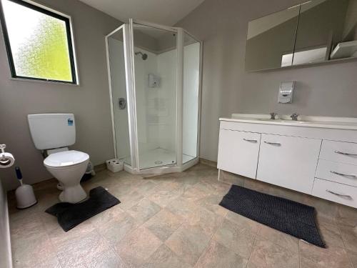 a bathroom with a toilet and a shower and a sink at Otorohanga Kiwi Holiday Park in Otorohanga