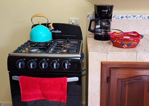 a kitchen stove with a tea kettle on top of it at Villas del Edén in El Pino