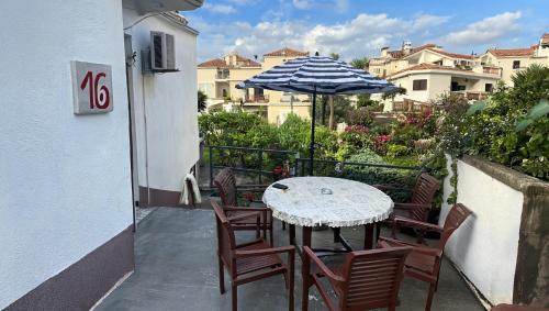 a table and chairs with an umbrella on a balcony at Apartment Anna-Nikola Igalo in Igalo