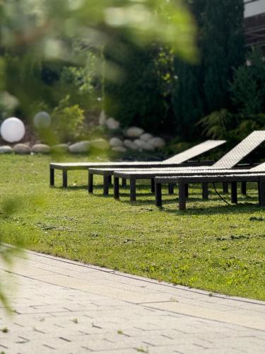 a row of park benches sitting in the grass at Willa Stożek, 50 m od term i wyciągów narciarskich in Białka Tatrzanska