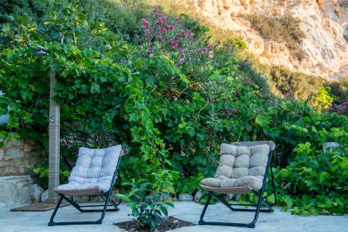 two chairs sitting in front of a hedge with flowers at Platani Seaside Villa in Sitia