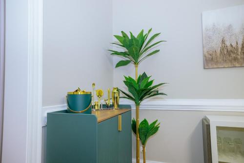 a blue cabinet with a plant in a room at Beautiful Estate in 19 acres of land in Apex in Apex