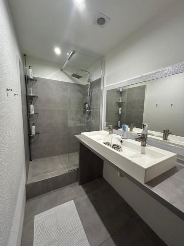 a bathroom with a sink and a shower at Apartmán pod lesom - oddych neďaleko Bojníc in Prievidza
