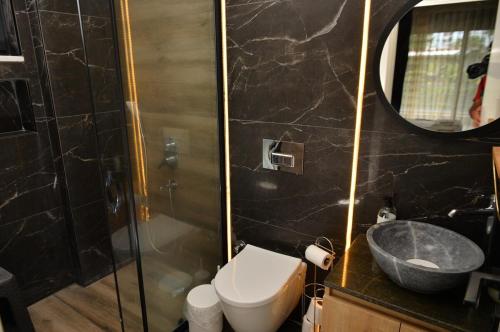 a bathroom with a toilet and a sink and a mirror at Villa Opera Kemer Müstakil Villa in Kemer