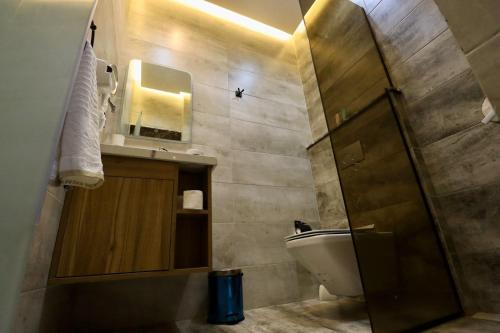 a bathroom with a sink and a toilet and a mirror at Farida Habu Palace Hotel luxor in Al Aqālitah