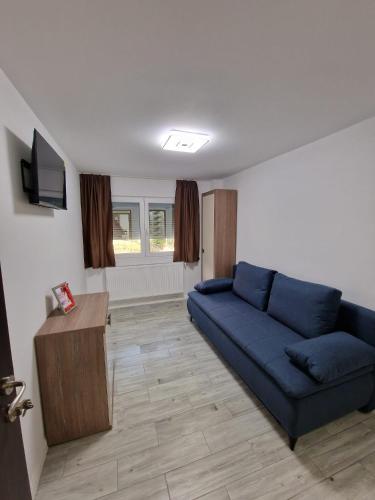 a living room with a blue couch and a tv at Apartament LUKE in Tîrgu Ocna