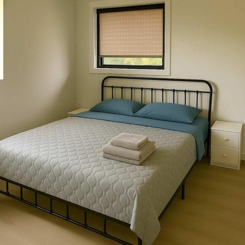 a bedroom with a bed with blue pillows and a window at 3-bedroom Englewood Lakefront Main House in Lakefield