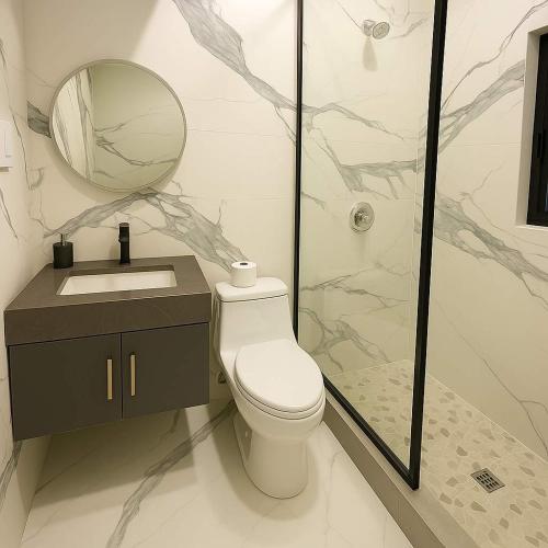 a bathroom with a toilet and a sink and a shower at 3-bedroom Englewood Lakefront Main House in Lakefield