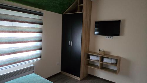 a bedroom with a bed and a tv and a window at Apartman Tanja in Nova Varoš