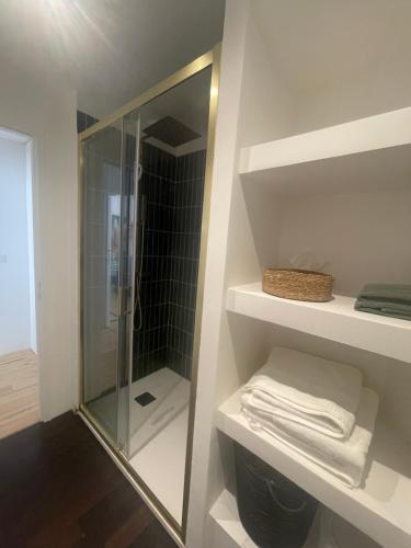 La salle de bains est pourvue d'une douche et d'une cabine de douche en verre. dans l'établissement Appartement rénové Bourse, à Bordeaux