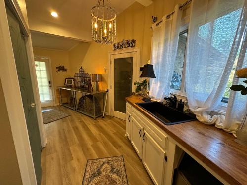 a kitchen with a counter and a sink and windows at Driftwood Dreams in Chapin