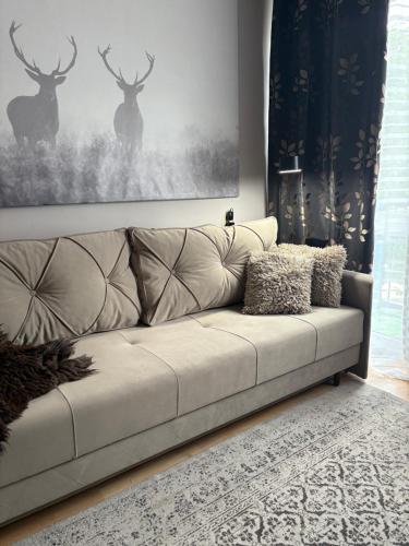 a white couch in a living room with a picture of deer at Przytulny Apartament in Ostrowiec Świętokrzyski
