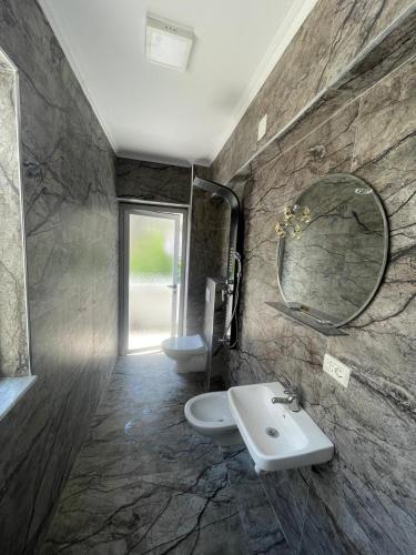 a bathroom with a sink and a mirror and a toilet at Citycenter apartment in Pogradec