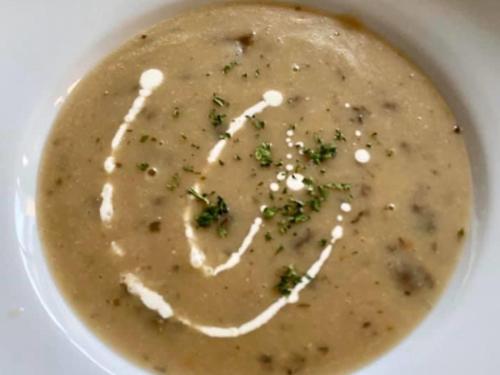 a bowl of soup with cheese and broccoli in it at Gostisce Golob in Zgornja Polskava