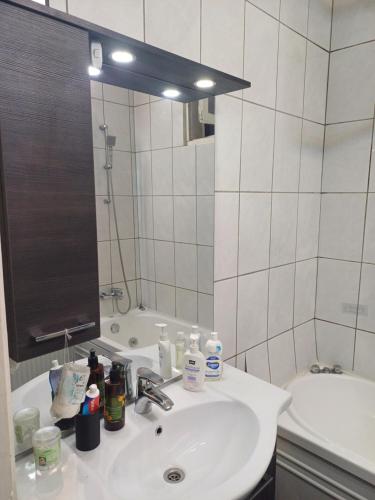 a bathroom with a sink and a mirror at pensiune Valentin, apartament 2 dormitoare cu terasa, Iulius Mall in Timişoara
