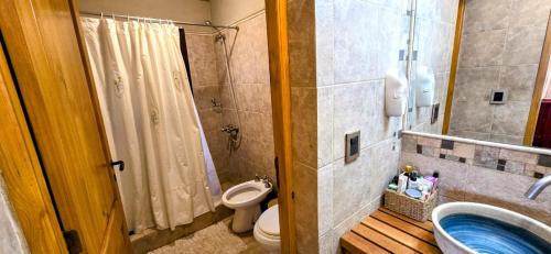 Un baño con inodoro, lavabo y ducha. en Casa Barrio La Colina 15 pax, en San Carlos de Bariloche