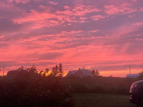 a sunset over a field with a house in the background at La Forillonne in Gaspé