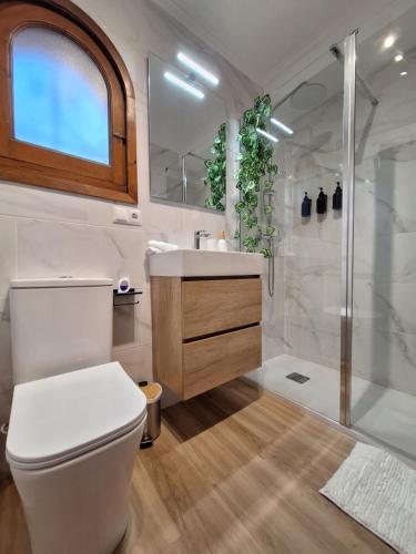 a bathroom with a toilet and a sink and a shower at La Karina in Denia