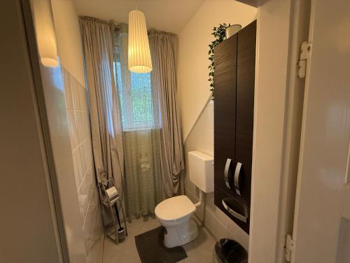 a small bathroom with a toilet and a window at Villa Komposch - adults only in Reifnitz